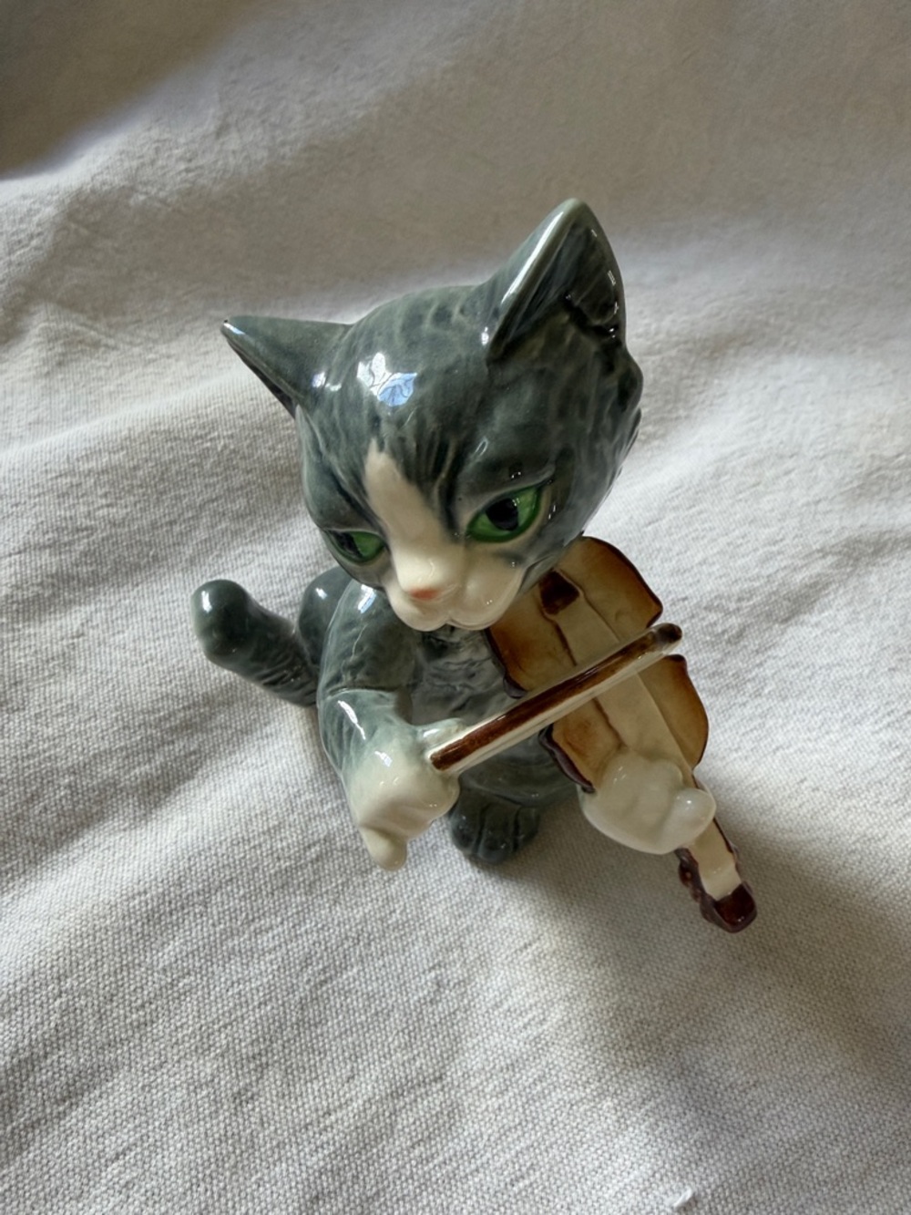 Goebel White and Brown Porcelain Cat Figurine with Violin Accent